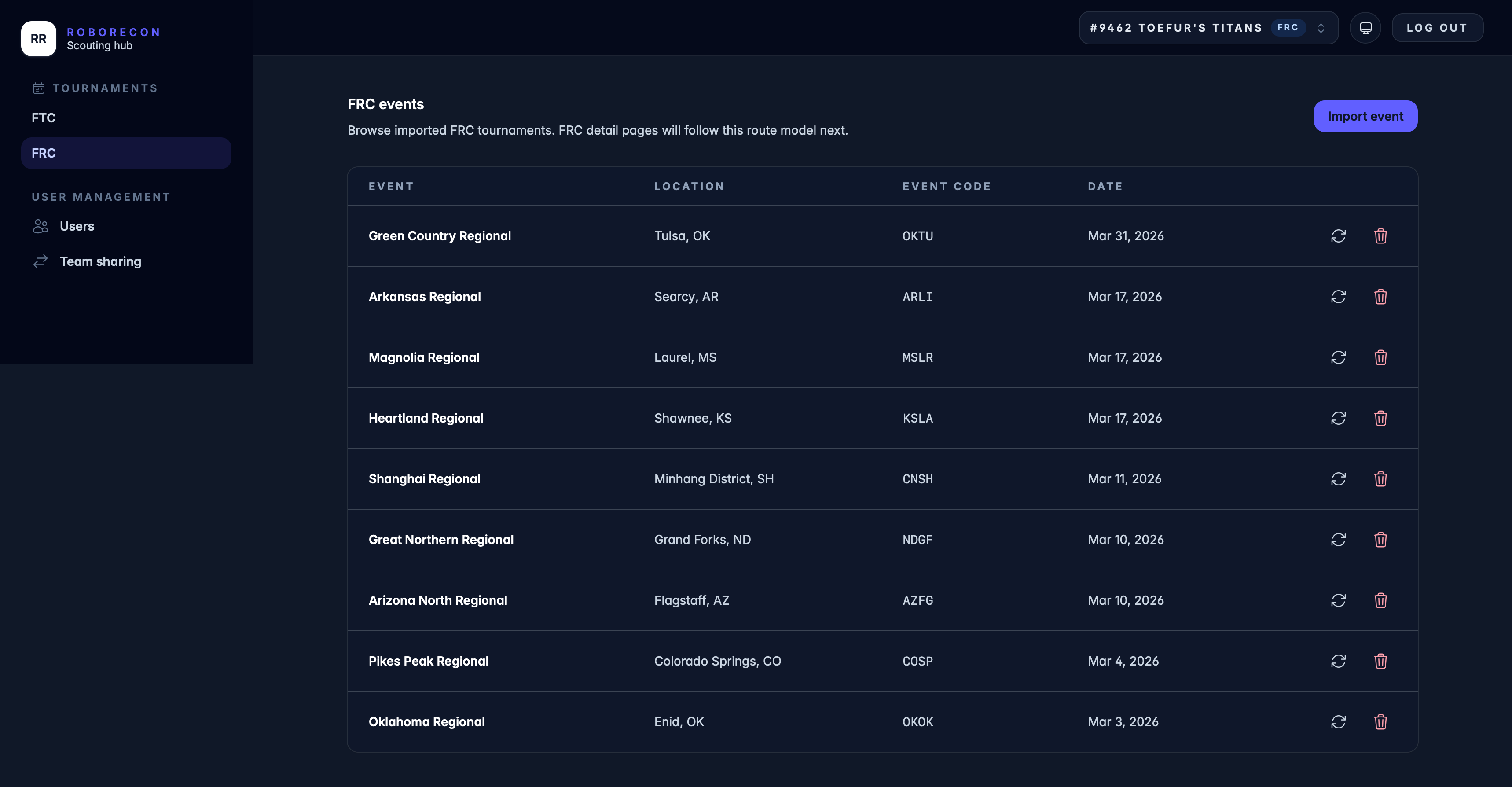 RoboRecon desktop event list screen